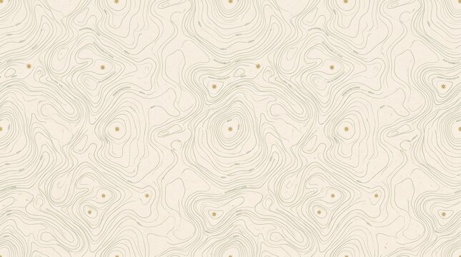 Abstract topographic map pattern featuring wavy contour lines and gold stars on textured beige background with pattern displays intricate lines elevation markers