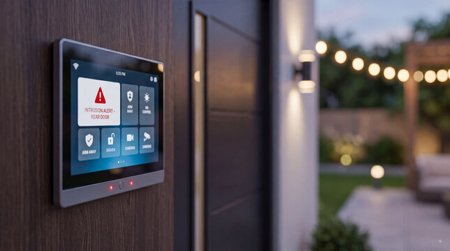Smart home security panel displaying rear door intrusion alert