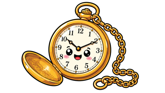 Vintage gold pocket watch with chain isolated on white background representing time history punctuality nostalgia elegance and classic accessory