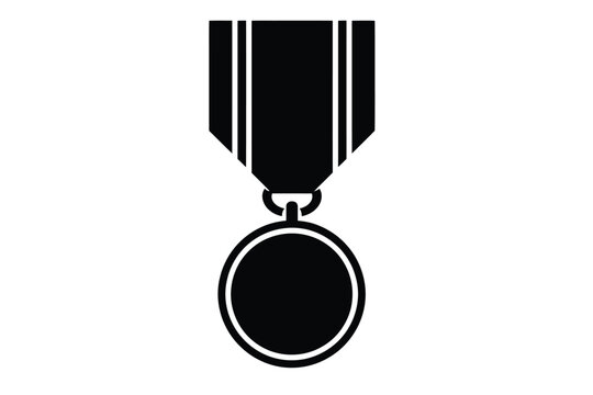 Simple circular medal with ribbon isolated in black silhouette representing achievement honor recognition competition awards success and distinction