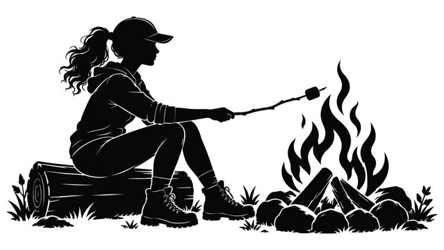 Woman roasting marshmallows beside a campfire outdoors, cozy camping silhouette with wilderness adventure, recreation, and evening relaxation