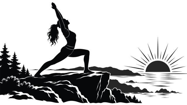 Woman practicing yoga on a mountain at sunrise, peaceful outdoor wellness and mindfulness silhouette promoting balance and serenity