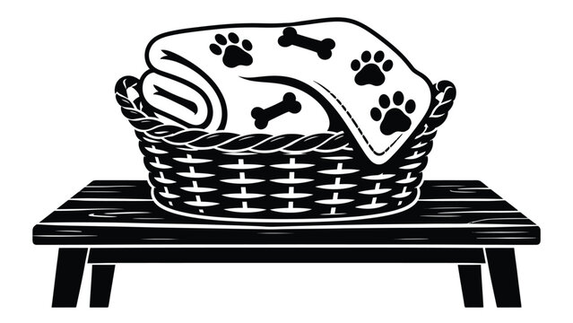 Pet care basket with food bowl, bone toy and paw print accessories, representing dog and cat supplies, animal care and companionship
