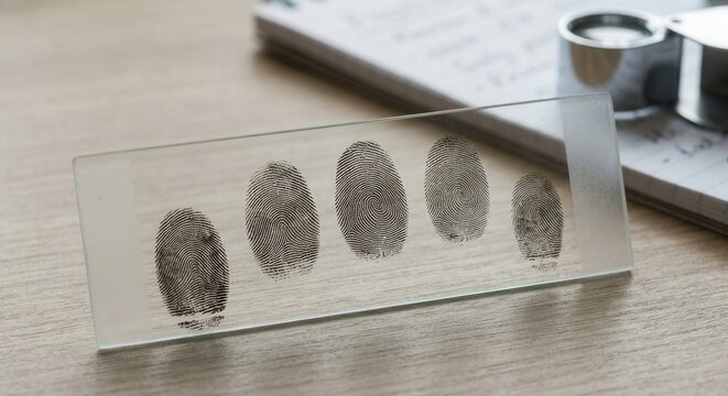Forensic Fingerprint Analysis On Glass Slide With Magnifying Tool And Notes