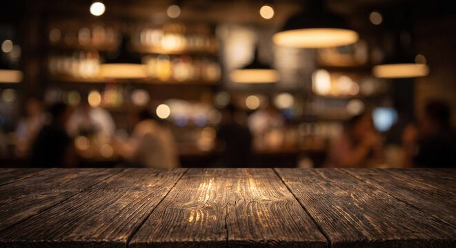 Empty wooden bar counter top in blurred restaurant cafe background with tabletop