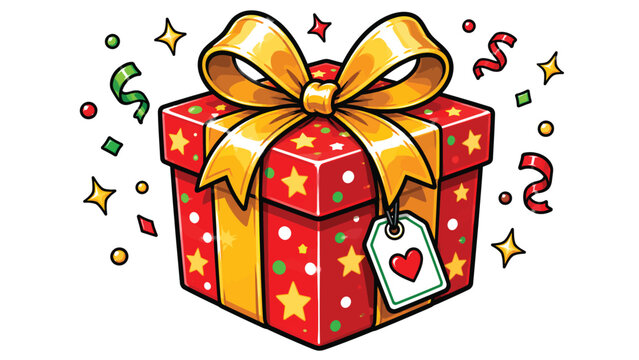Festive Christmas gift box with golden ribbon and bow, colorful holiday present symbolizing celebration, surprise, generosity and joy