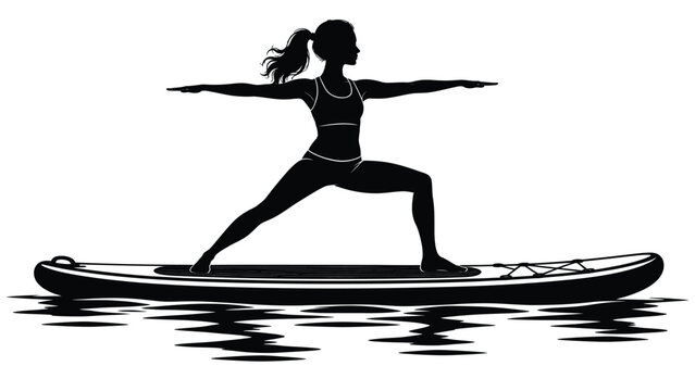 Woman practicing yoga on a paddleboard, combining stand up water sports, outdoor fitness, balance, mindfulness and peaceful recreation