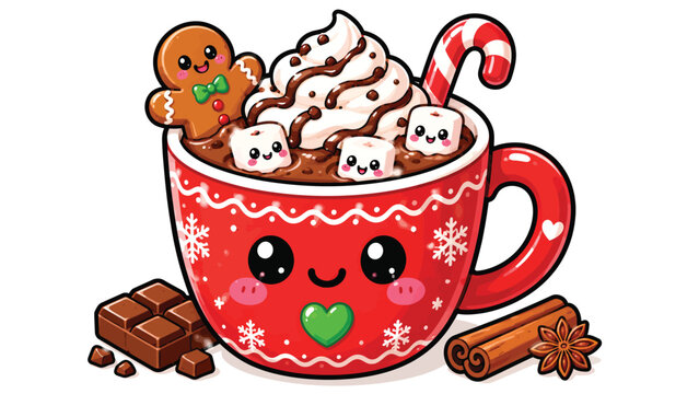 Cute red Christmas mug filled with whipped cream, gingerbread and candy cane, cozy holiday hot cocoa illustration for winter celebrations