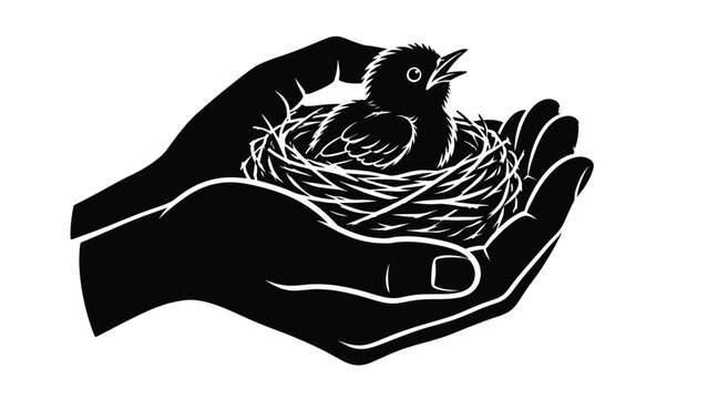 Caring hands gently holding a small bird nest with a chick, wildlife rescue and animal protection concept in black silhouette style