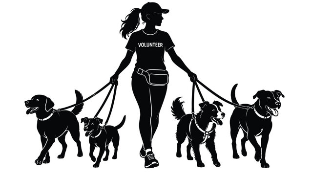 Female volunteer walking several dogs on leashes, animal shelter rescue concept with multiple pets and outdoor silhouettes in a clean design
