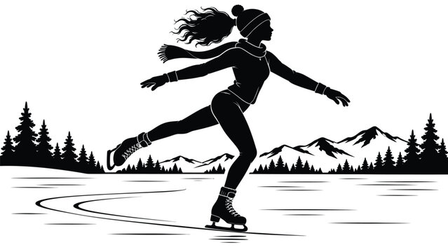 Woman ice skating on a frozen lake, graceful winter recreation silhouette with mountains, outdoor fitness, adventure and scenic nature