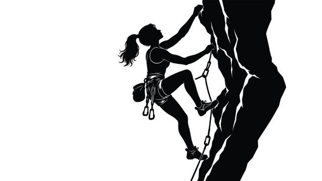 Woman climbing a steep rocky cliff with safety rope, outdoor adventure and athletic challenge shown as a dramatic black silhouette