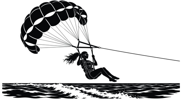 Person parasailing over ocean waves beneath a large parachute canopy, thrilling water adventure and summer recreation silhouette illustration