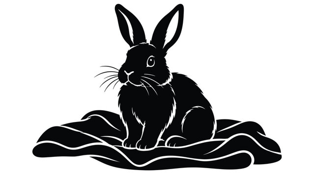 Cute black rabbit sitting on a flowing decorative surface, elegant wildlife silhouette with long ears and a calm natural composition