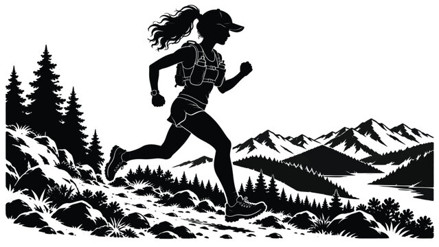 Female runner jogging through a mountain forest landscape, outdoor fitness and trail running concept in detailed black silhouette artwork