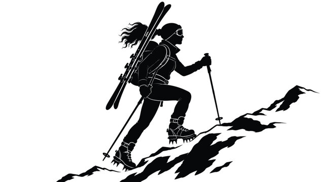Hiker trekking uphill with backpack and walking poles across rugged mountain terrain, outdoor adventure and exploration silhouette artwork