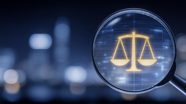 A magnifying glass focuses on scales of justice over a digital interface to represent legal compliance regulatory analysis and technology governance.
