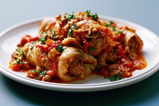 Cabbage rolls are placed on a white plate with tomato sauce and garnished with herbs