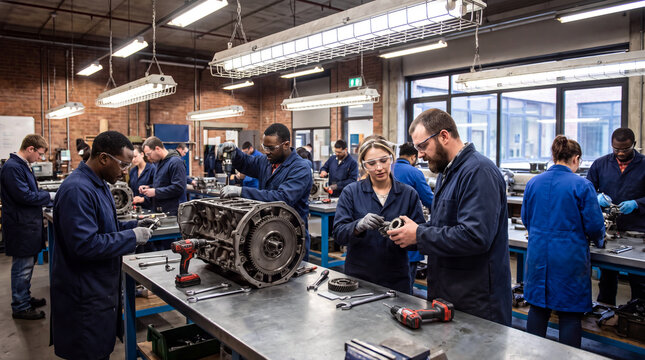 Diverse students working on car engine at workbench in vocational training workshop