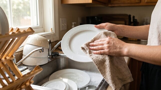 Hands drying freshly washed ceramic plates with cotton kitchen towel beside sink, household cleaning routine