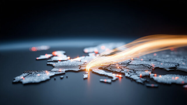 A stream of light traveling across a world map represents global data transfer high speed connectivity and digital communication.
