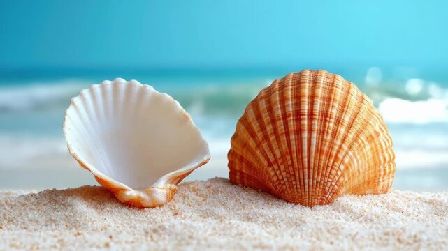 Close-up of two seashells on sandy beach with blue ocean background. Easter, Pascha, Paskha, Ostern, Pascua, Paques - Orthodox and Catholic Holiday celebration