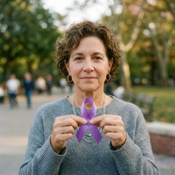 Woman Holds Purple Ribbon Symbolizing Support And Awareness In A Park Setting