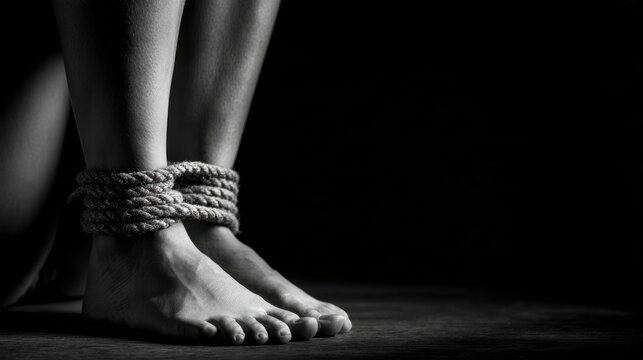 Bound bare feet tied with rope in a dramatic monochrome depiction of captivity and human trafficking