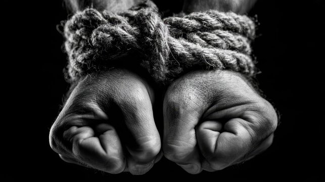 Clenched fists bound with rope symbolizing resistance to captivity, violence and human trafficking