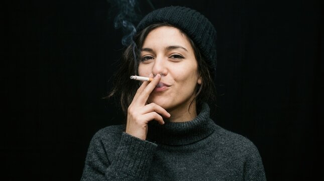 Woman Wearing A Black Beanie And Grey Sweater Smoking A Cigarette