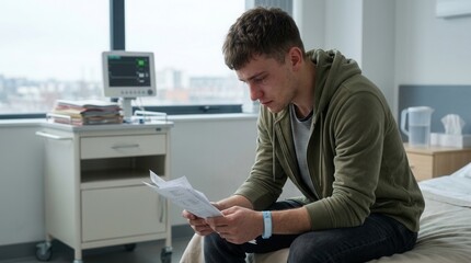 Obraz premium Young Man Worriedly Reading Medical Documents in Hospital Room