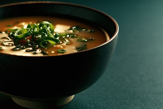 Bowl of miso soup sits on a smooth teal surface. Steam rises from the broth