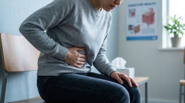 Woman Experiencing Abdominal Pain While Sitting In A Medical Office