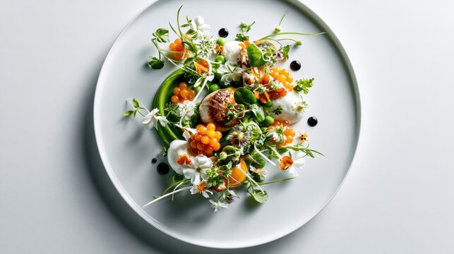 A dish shows a seared scallop, mango caviar, pea puree, and edible flowers on a white plate