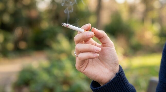 Woman Holding Burning Cigarette Outdoor Nature Background