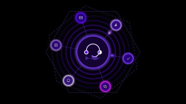 Motion graphics animation of futuristic audio interface hud elements with glowing purple neon light on dark modern background for broadcast commercial