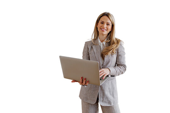 Confident businesswoman smiling, working on laptop, managing success and career with professional leadership on transparent background