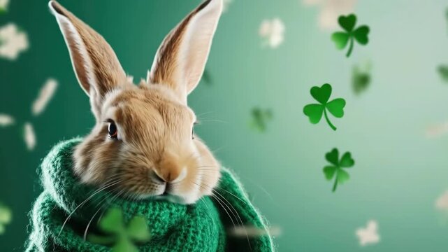 Adorable rabbit wearing green scarf with shamrock background. Saint Patrick's Day, St Paddy's Day, St Patty's Day - Irish National Holiday and Cultural Celebration