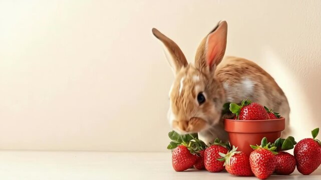 Adorable bunny with strawberries on table with soft background. Easter, Pascha, Paskha, Ostern, Pascua, Paques - Orthodox and Catholic Holiday celebration