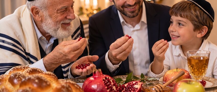 Three generations of Jewish men smiling and eating pomegranate seeds together at a festive Rosh Hashanah table, symbolizing the hope for a sweet New Year filled with good deeds and blessings
