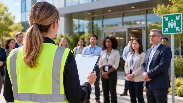  Female safety warden in a high-visibility vest holding a clipboard, conducting a head count for corporate employees at an emergency assembly point during a workplace fire drill.