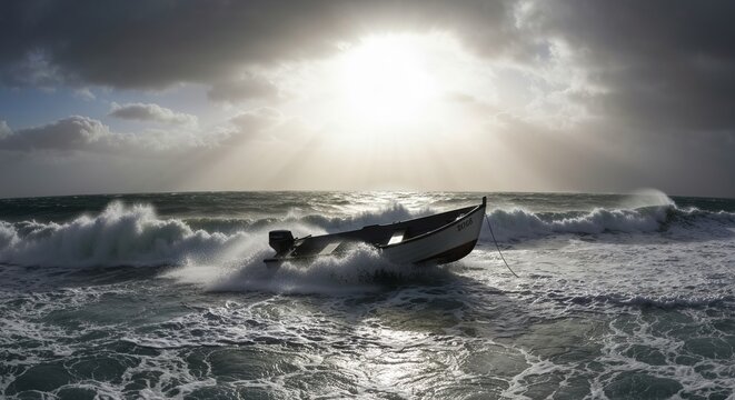 Small dinghy battling gale, hull nearly submerged, frantic silhouette, high-contrast stormlight