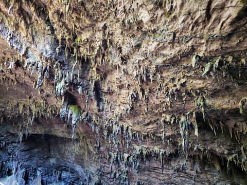 Spiky Stalactites and Mineral Vault Texture in Gruta do Lago Azul Cave