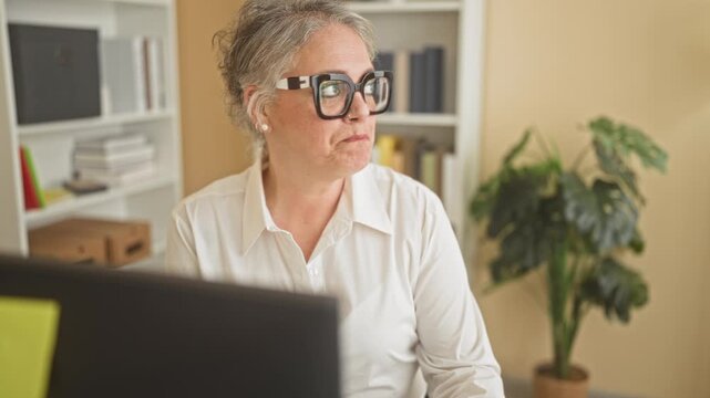 Middle age woman at computer wearing large glasses speaking and gesturing toward monitor in office building; concern focus.