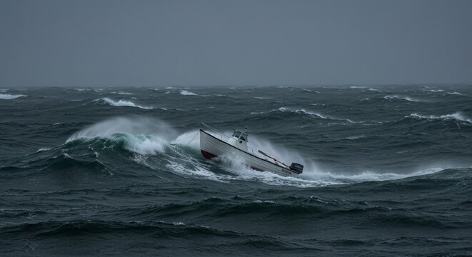 Small dinghy battling gale, hull nearly submerged, frantic silhouette, high-contrast stormlight