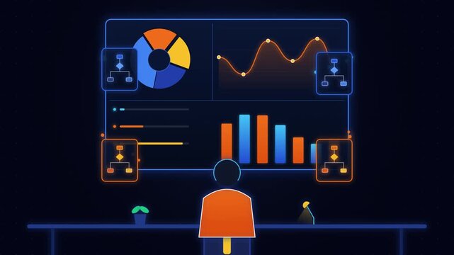 Motion graphics animation of user analyzing data dashboard screen with neon glowing charts on dark background for corporate promo and tech explainer video