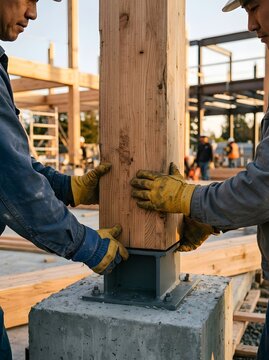 Construction workers installing solid timber column onto steel base plate on concrete foundation