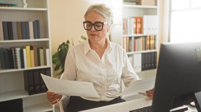 Woman holding papers at a desk computer, shrugging with a puzzled expression in an office building while wearing glasses; confusion.