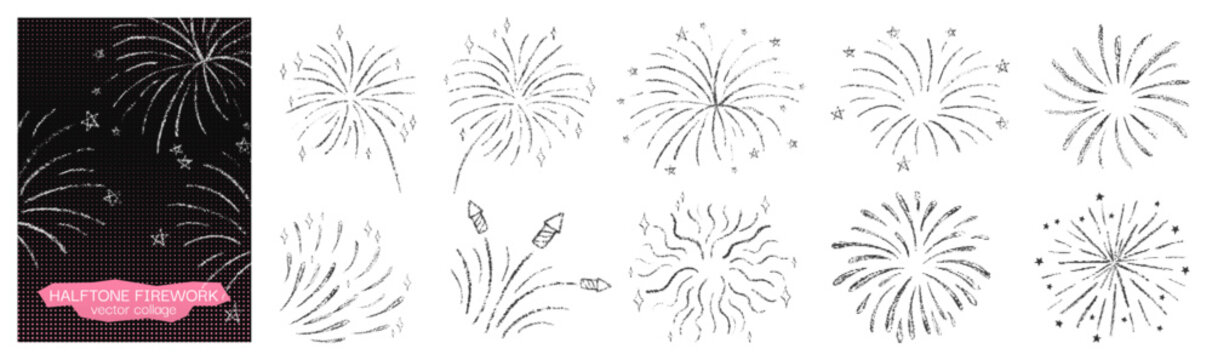 Halftone firework burst circle set. Retro comic dotted starburst explosion, radial glowing rays and grunge dot work flash. Abstract vintage dotted frame design element design poster for holiday party