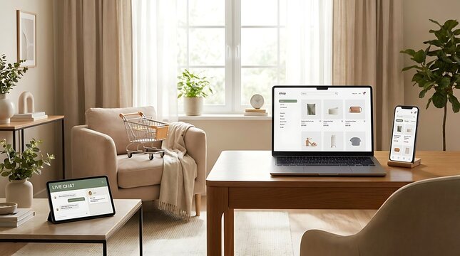 Laptop, smartphone, and tablet display an e-commerce website interface on a desk in a living room.